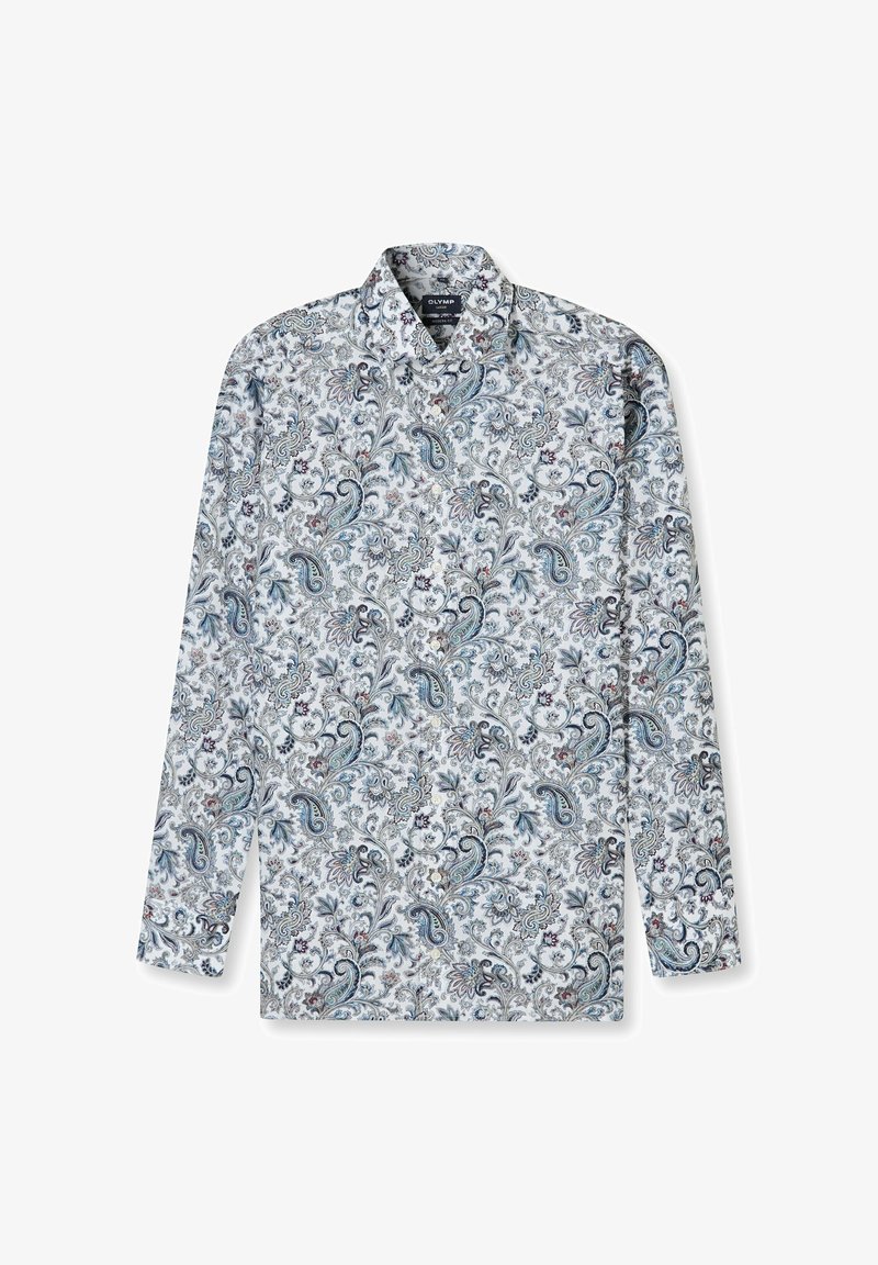 Langärmeliges Hemd mit weißem Hintergrund und blau-grauem Paisley-Muster. Glatte Textur und klassisches Kragendesign.