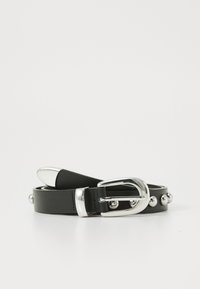 Black leather belt with a glossy silver buckle, featuring round metal studs along the strap for added detail. Smooth texture.