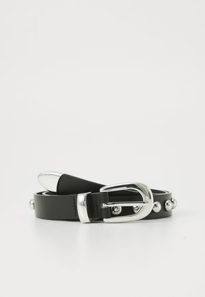 Black leather belt with a glossy silver buckle, featuring round metal studs along the strap for added detail. Smooth texture.