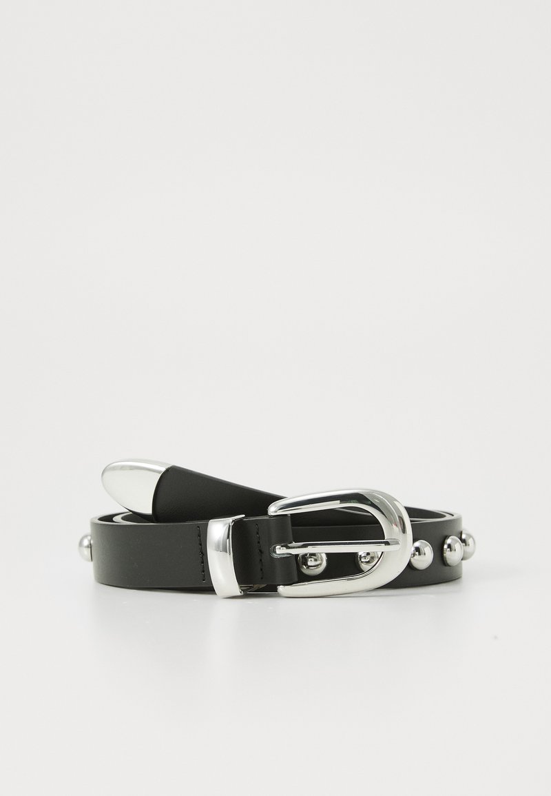 Black leather belt with a glossy silver buckle, featuring round metal studs along the strap for added detail. Smooth texture.