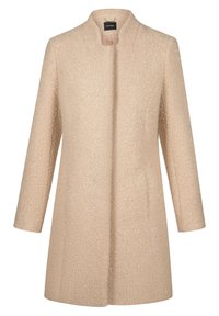 Cappotto texturizzato beige chiaro con colletto aderente, maniche lunghe e taglio dritto. Dettagli di luccichio sottili su tutto il tessuto.