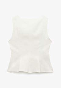 Mouwloze witte top met een aansluitende lijf en een uitlopende zoom. Glad materiaal met strakke lijnen en subtiele naden, voorzien van een ronde halslijn.
