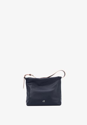 Zwarte rechthoekige schoudertas met een beige verstelbare riem en een klein zilveren logo in het midden aan de voorkant.