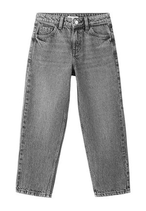Jeans in denim grigio a gamba dritta con tasche frontali, passanti per cintura e chiusura con bottone, mostrati distesi su sfondo bianco.