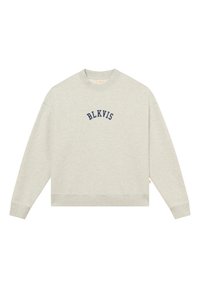 Sudadera gris claro de algodón, con cuello redondo, mangas largas y texto bordado en navy "BLKVIS" en el delantero.