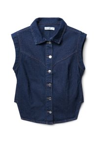 Gilet in denim blu scuro con design senza maniche, colletto a punta e chiusura frontale con bottoni. Presenta cuciture curve e dettagli di cucitura sottili.