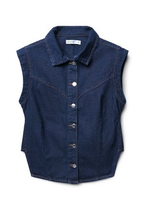 Dark blue denim vest with sleeveless design, pointed collar, and front button closure. Features curved seams and subtle stitching details.