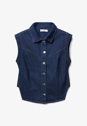 Dunkelblaues Denim-Westen mit ärmellosem Design, spitzem Kragen und vorderem Knopfverschluss. Mit gebogenen Nähten und dezenten Steppdetails.