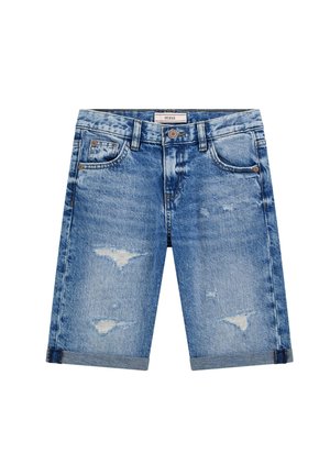 Short en denim bleu avec braguette à boutons, passants pour ceinture, cinq poches, ourlets roulés et légers détails usés sur le devant.