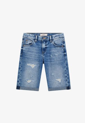 Blå denimshorts med knaplukning, bæltestropper, fem lommer, opsmøgede ben og let slidte detaljer på forsiden.
