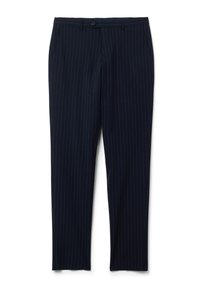 Pantalones de traje de color azul marino con finas rayas verticales blancas, cierre de botón, presillas para cinturón y bolsillos laterales, dispuestos sobre un fondo blanco.