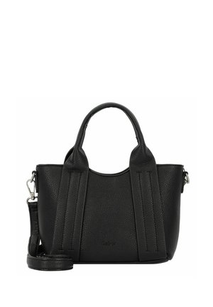 Sac à main en cuir noir avec finition texturée, poignées supérieures doubles, bandoulière amovible et coutures sur les côtés. Design compact et structuré.