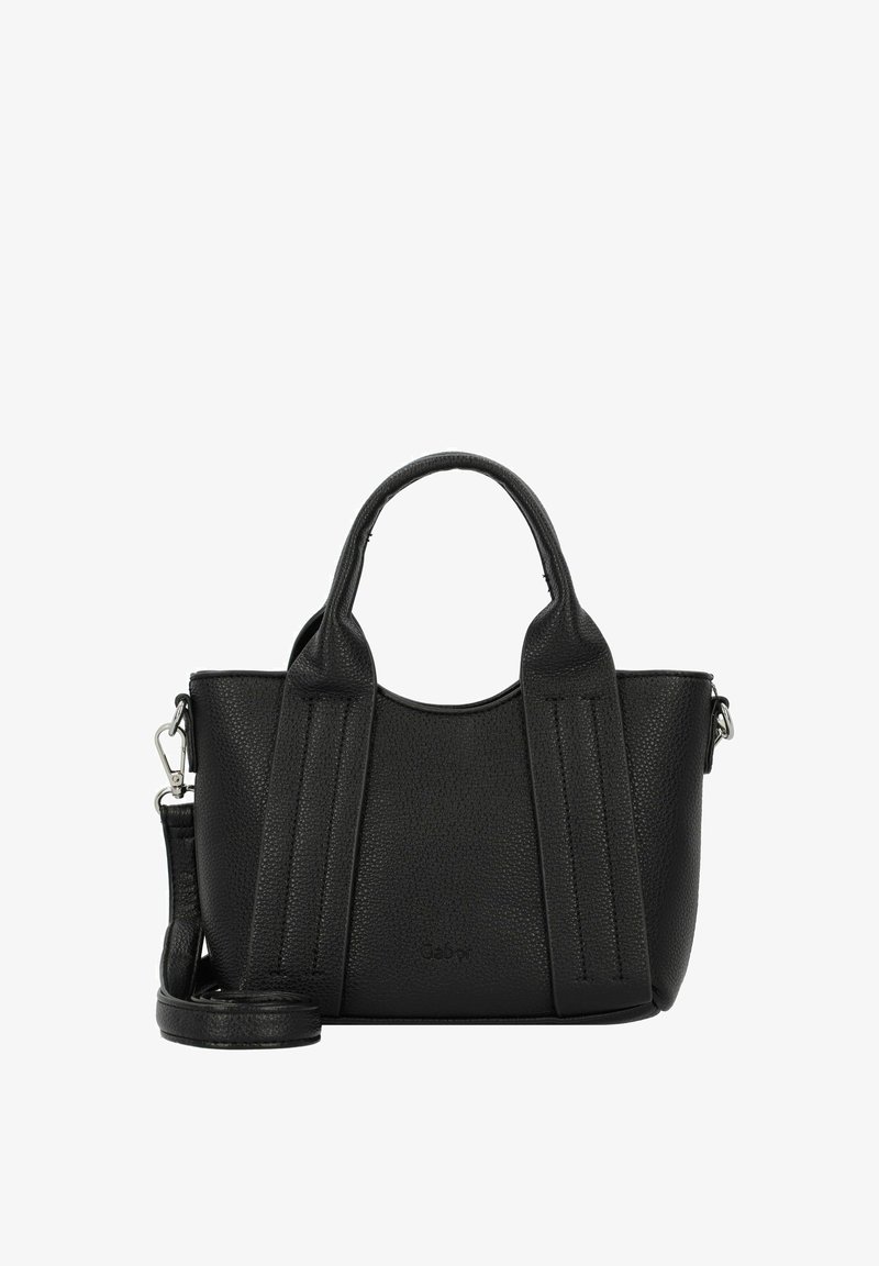 Sac à main en cuir noir avec finition texturée, poignées supérieures doubles, bandoulière amovible et coutures sur les côtés. Design compact et structuré.