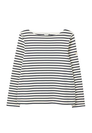 Ilgas rankovėmis balta marškinėliai su tamsiai mėlynomis horizontaliomis juostelėmis, apvalios iškirptės ir mažas prekės ženklas kairėje rankovėje.