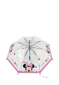 Transparente Regenbogen mit pinkem Rand, Grafiken von Minnie Mouse und bunten Herzen. Kunststoffschirm mit Metallrahmen und blauen Akzenten.