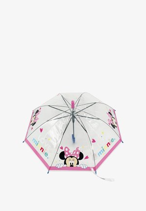 Clear umbrella featuring a pink trim, Minnie Mouse graphic, and multicolored hearts. Plastic canopy with metal frame and blue accents.