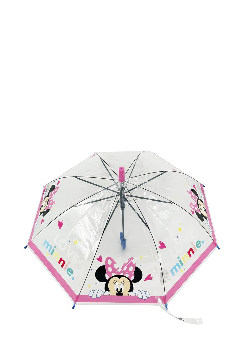 Transparente Regenbogen mit pinkem Rand, Grafiken von Minnie Mouse und bunten Herzen. Kunststoffschirm mit Metallrahmen und blauen Akzenten.