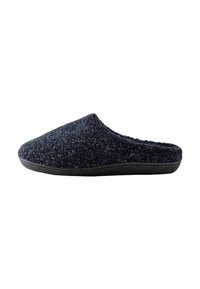 Navy blue felt slipper with a textured upper, slip-on design, and a black rubber sole, offering a comfortable and casual look.