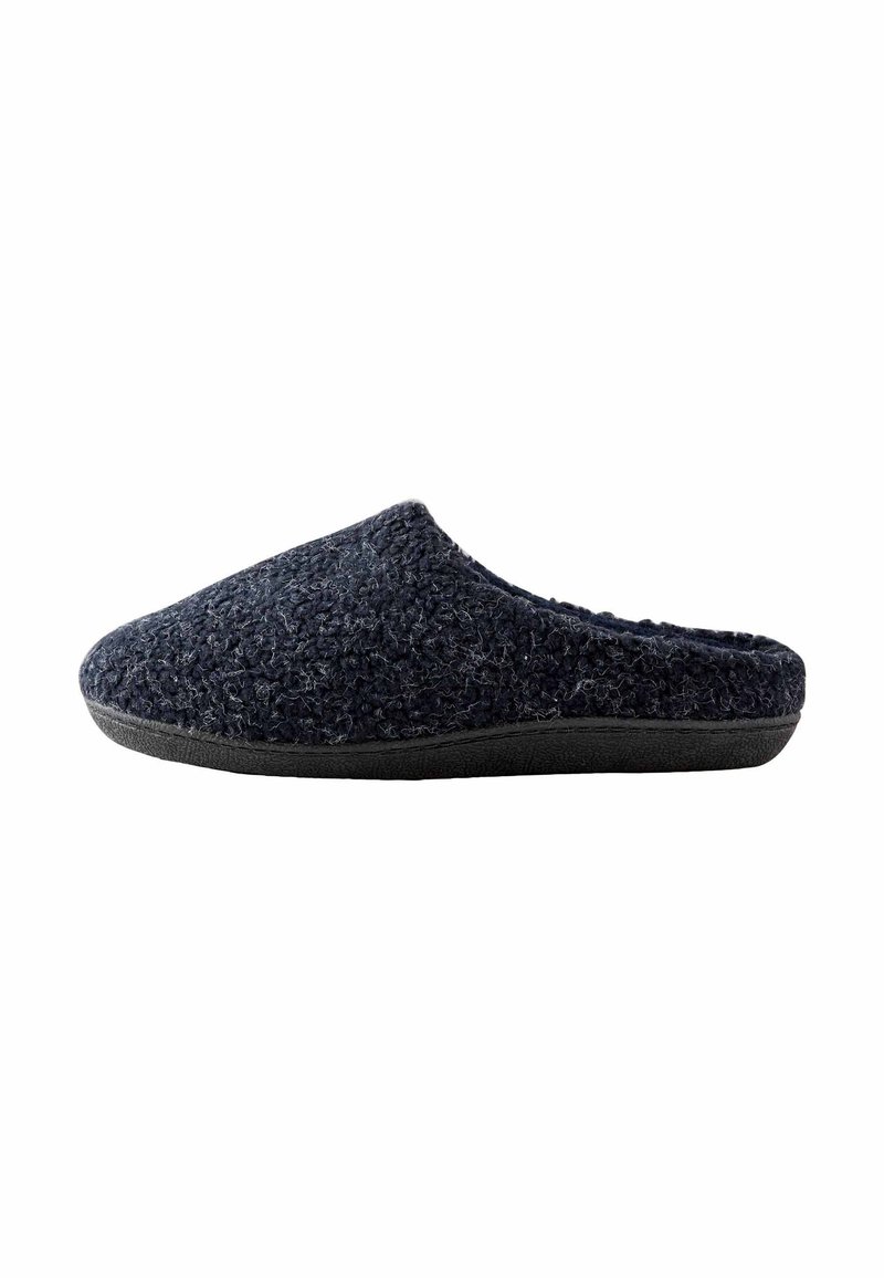 Navy blue felt slipper with a textured upper, slip-on design, and a black rubber sole, offering a comfortable and casual look.