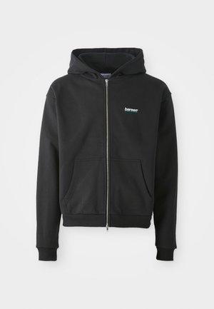 Sort zip-hoodie lavet af blød bomuldsblanding. Har et logo foran, to frontlommer og ribstrikkede manchetter og kant. Glat tekstur.