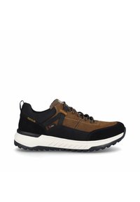 Hiking shoes with a brown leather and black suede upper, white midsole, textured rubber sole, metal eyelets, and yellow stitching accents.