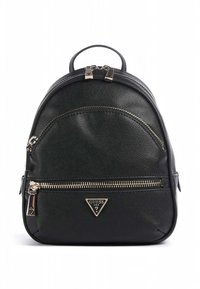 Μαύρο δερμάτινο σακίδιο με στρογγυλεμένο σχήμα, που διαθέτει κεντρικό διαμέρισμα με φερμουάρ, μπροστινή τσέπη και μεταλλικές λεπτομέρειες. Εμφανίζεται το λογότυπο της μάρκας.