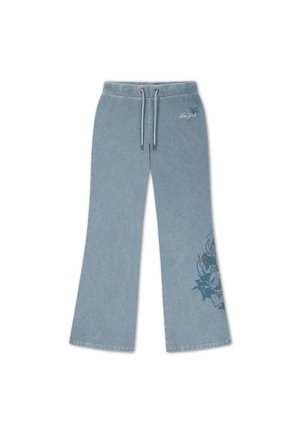 Pantaloni della tuta azzurri chiaro a gamba larga con coulisse in vita, piccolo testo ""New York"" vicino all'anca e grafica scura sulla parte bassa della gamba.