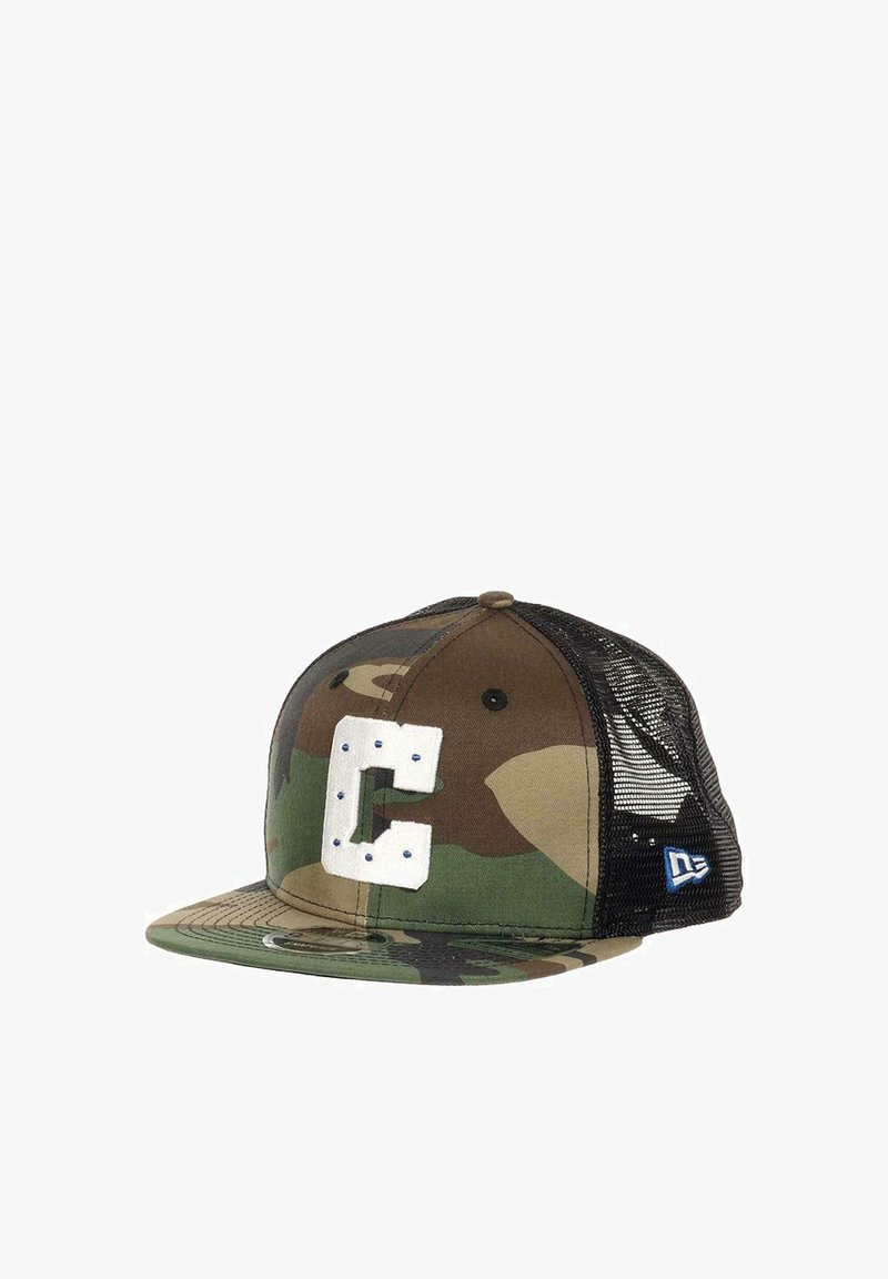 Camouflage cap with a solid black mesh back, featuring a white embroidered "C" and blue accent near the brim. Rounded shape, adjustable closure.