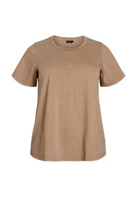 Beige bavlněné tričko s krátkým rukávem, kulatým výstřihem a malým kruhovým logem vyšitým na středu hrudníku.