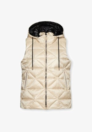 Veste matelassée beige sans manches avec capuche noire, fermeture éclair à l'avant et deux poches latérales zippées. Comprend des cordons de serrage ajustables et une texture lisse.