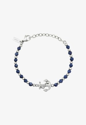 Hopeinen ankkuririipusrannekoru, jossa merivoimien sävyisiä kivihelmiä ja metallisia yksityiskohtia, suljetaan lokinlevyasulkimella. Bränditunniste näkyvissä.