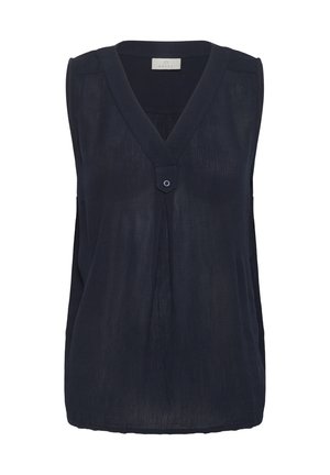 Marineblauwe mouwloze blouse met een V-hals, voorzien van een verticale plooi en een enkele knoopdetail. Gemaakt van een gestructureerde, lichte stof.