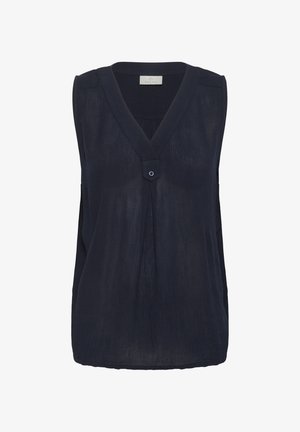 Marineblaues ärmelloses Blusenshirt mit V-Ausschnitt, das eine vertikale Falte und ein einzelnes Knopfdetail aufweist. Hergestellt aus einem strukturierten, leichten Stoff.