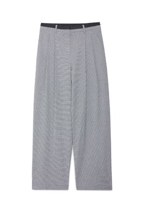 Wijde broek met hoge taille en subtiel zwart-wit ruitpatroon, voorsneden, ceintuurlussen en verborgen voorsluiting.