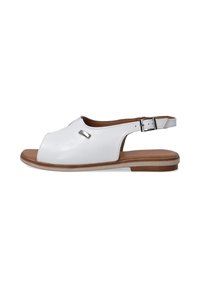 Witte leren slingback sandaal met open teen, verstelbare enkelband en lichtbruine zool. Kenmerkt zich door een metalen accent op de bovenkant.