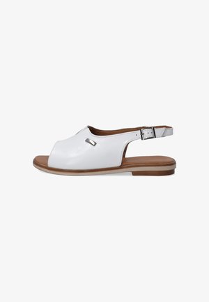 Witte leren slingback sandaal met open teen, verstelbare enkelband en lichtbruine zool. Kenmerkt zich door een metalen accent op de bovenkant.