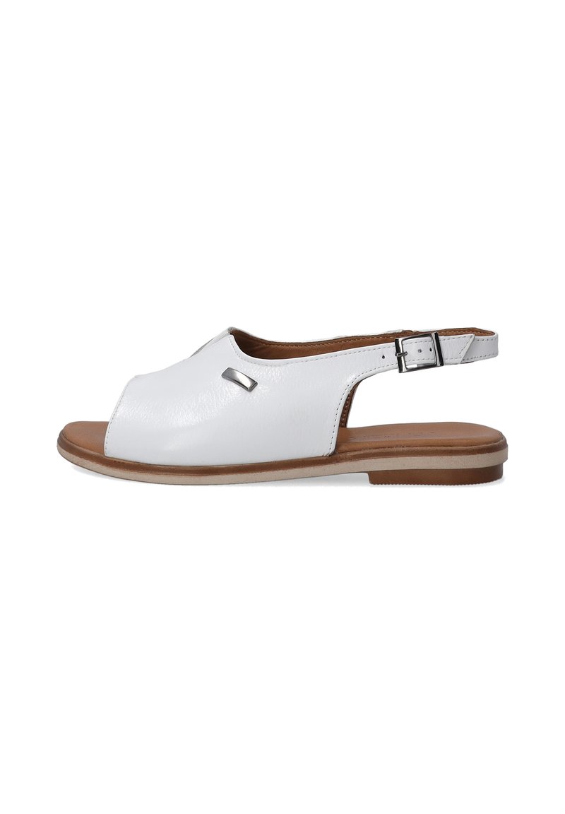 Witte leren slingback sandaal met open teen, verstelbare enkelband en lichtbruine zool. Kenmerkt zich door een metalen accent op de bovenkant.