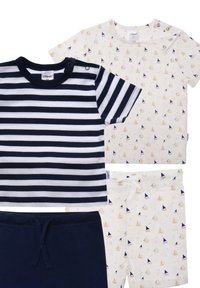 Two short-sleeve cotton tops: one navy and white striped, one cream with small sailboat patterns, paired with cream shorts featuring similar boats.