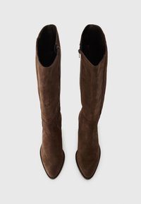 Bottes en daim marron arrivant au genou avec un bout pointu et des coutures minimales. Présentent une fermeture éclair intérieure pour un enfilage facile. Texture lisse dans l'ensemble.