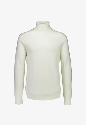 Biały sweter z golfem, wykonany z miękkiego dzianiny, z długimi rękawami, dopasowaną sylwetką oraz ściągaczami przy hemie i kołnierzu.