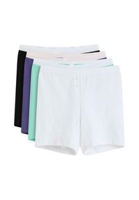 Ensemble de cinq shorts en coton déclinés dans diverses couleurs : blanc, noir, violet, vert menthe et rose clair ; conçus avec un devant à boutons.