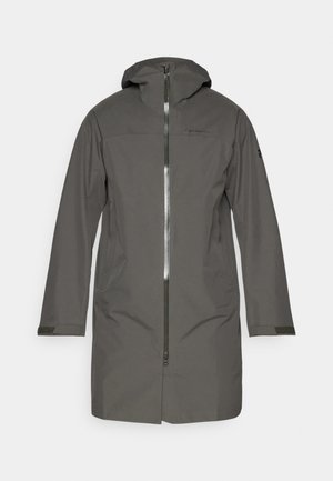 Wasserdichte graue Jacke mit einem Reißverschluss auf der Vorderseite, Kapuze mit Kordelzug und langen Ärmeln. Verfügt über elastische Bündchen und eine glatte, matte Oberfläche.