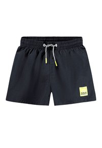 Μαύρα σορτς κολύμβησης από ελαφρύ ύφασμα. Διαθέτουν ελαστική μέση με κορδόνι και κίτρινο λάτζα μπροστά.