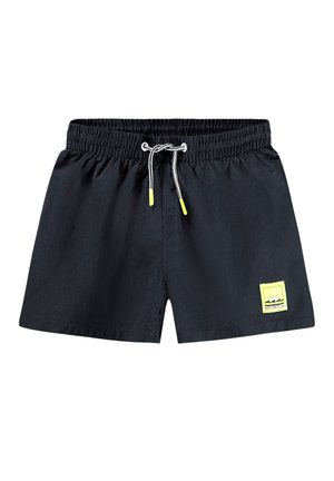 Zwarte zwemshorts van lichtgewicht stof. Beschikt over een elastische tailleband met een trekkoord en een geel logo in de voorkant.