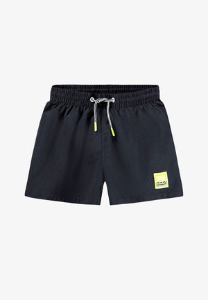 Schwarze Badeshorts aus leichtem Material. Mit einem elastischen Bund und einem Kordelzug sowie einem gelben Logo-Patch auf der Vorderseite.
