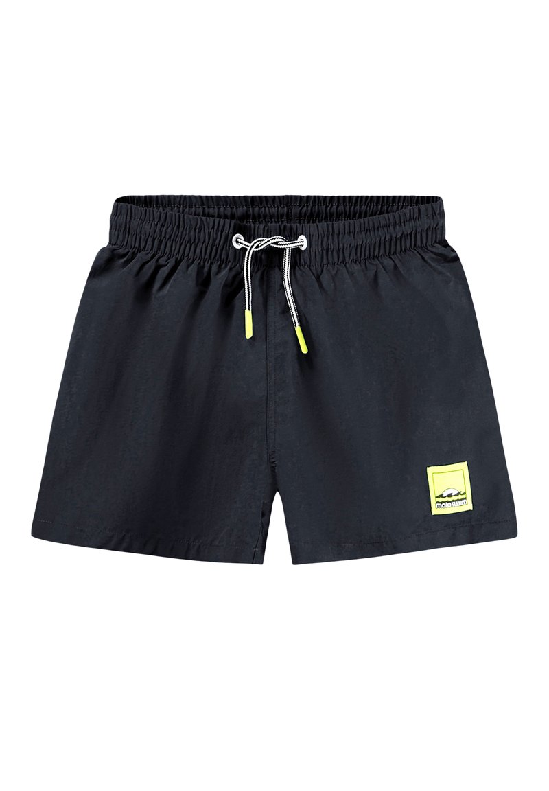 Μαύρα σορτς κολύμβησης από ελαφρύ ύφασμα. Διαθέτουν ελαστική μέση με κορδόνι και κίτρινο λάτζα μπροστά.