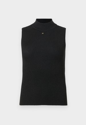 Zwarte geribbelde mouwloze coltrui met klein goudkleurig "AX" logo gecentreerd onder de halslijn op een effen lichte achtergrond.