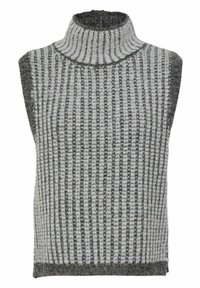 Maglione senza maniche in lana grigio con un motivo a righe testurizzato. Presenta un collo alto a costine e un orlo grigio uniforme.
