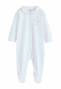 Grenouillère blanche pour bébé en tissu doux, dotée d'un col, de pressions sur le devant et de petits pois subtils. Agrémentée de motifs d'animaux brodés.