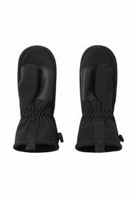 Schwarze isolierte Fäustlinge mit separaten Daumenabschnitten, elastischen Handgelenken und strukturierten Handflächen für besseren Griff.